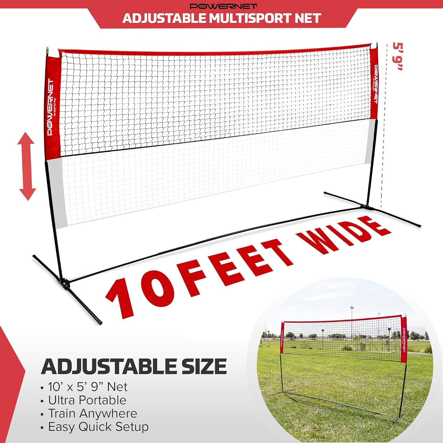 PowerNet Portable Net, 10ft Wide, 3ft to 5ft Adjustable Height